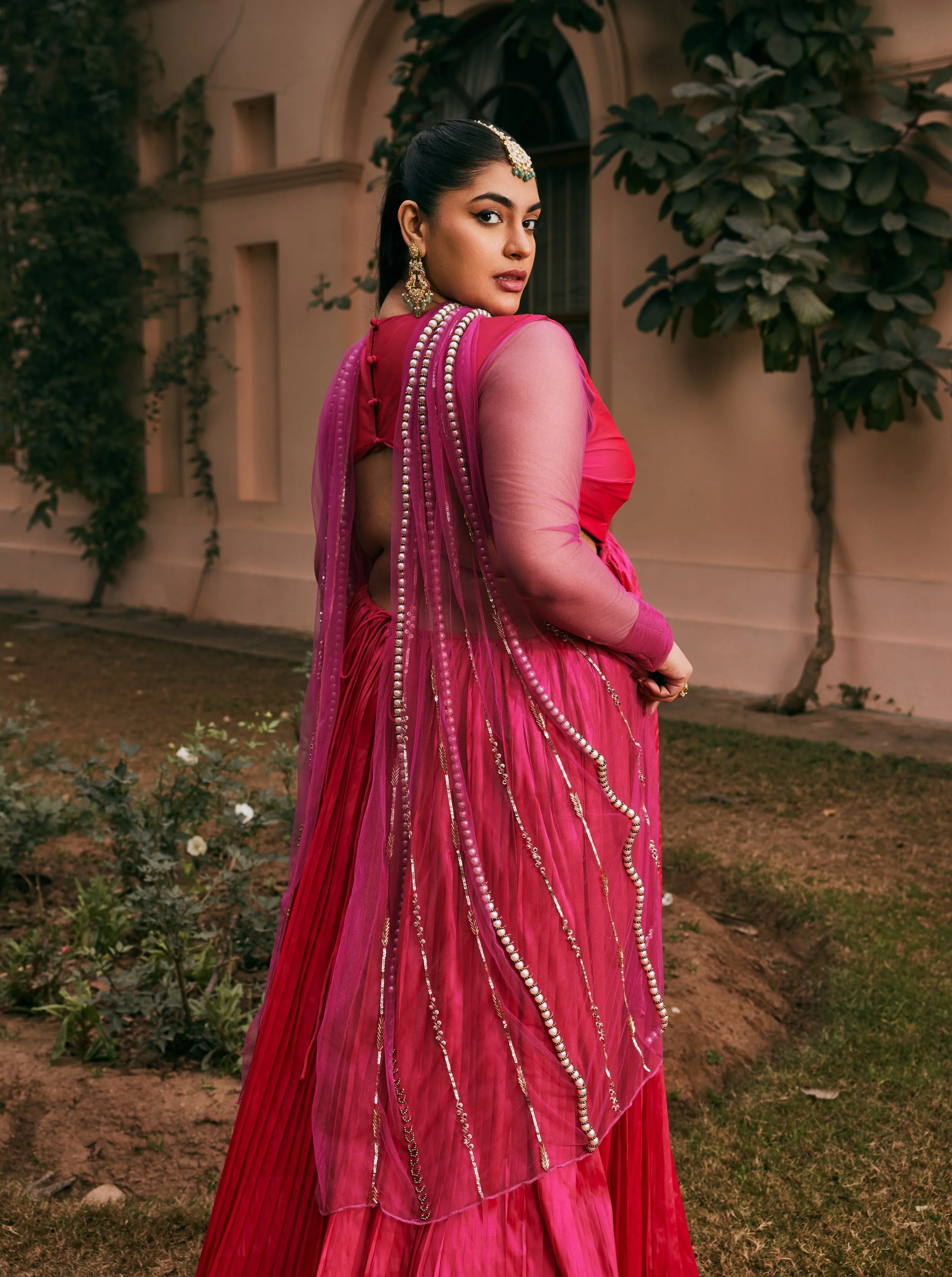 Hiba Hot Pink Silk Taffeta Anarkali with Hand-Embroidered Dupatta