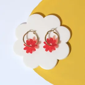 Marguerite Daisy Hoop Earrings in Frosted Red