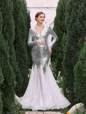 Maternity V Neck Long Sleeves Sequin Mermaid Dress