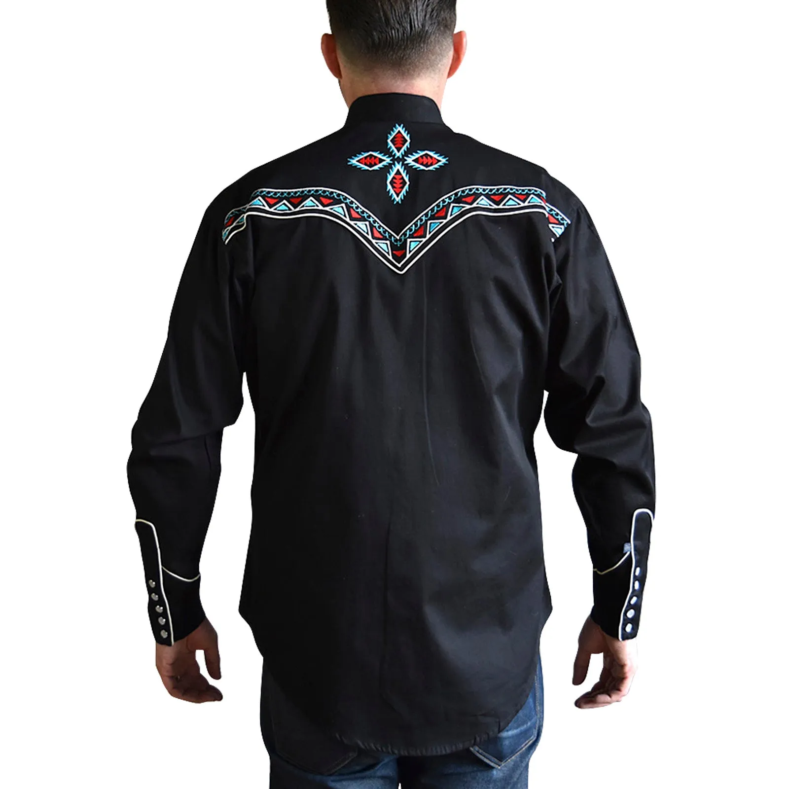 Men's Native Pattern Embroidery Black Western Shirt