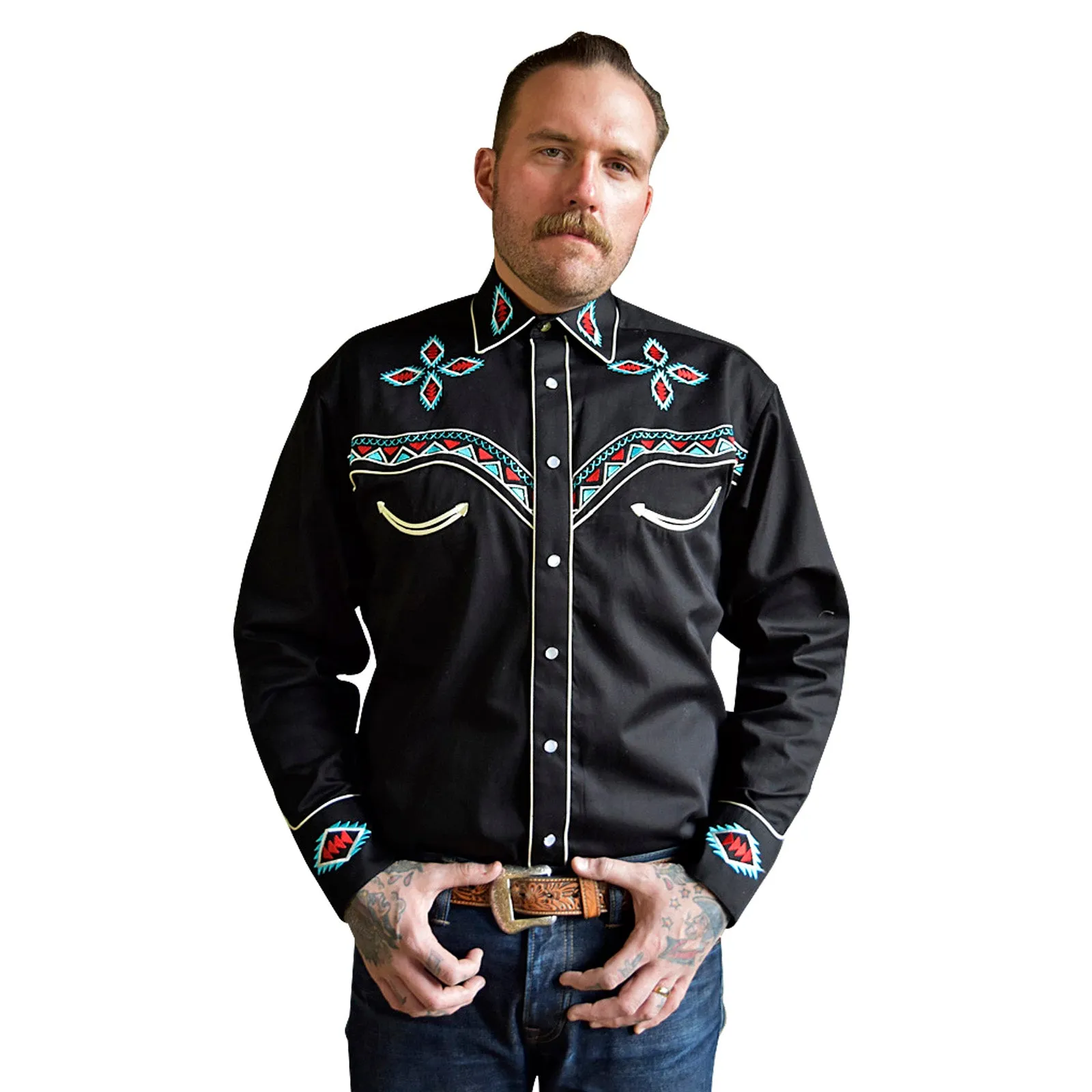 Men's Native Pattern Embroidery Black Western Shirt