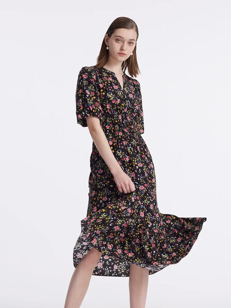 Mulberry Silk Rose Printed V-Neck Puff Sleeves Women Midi Dress