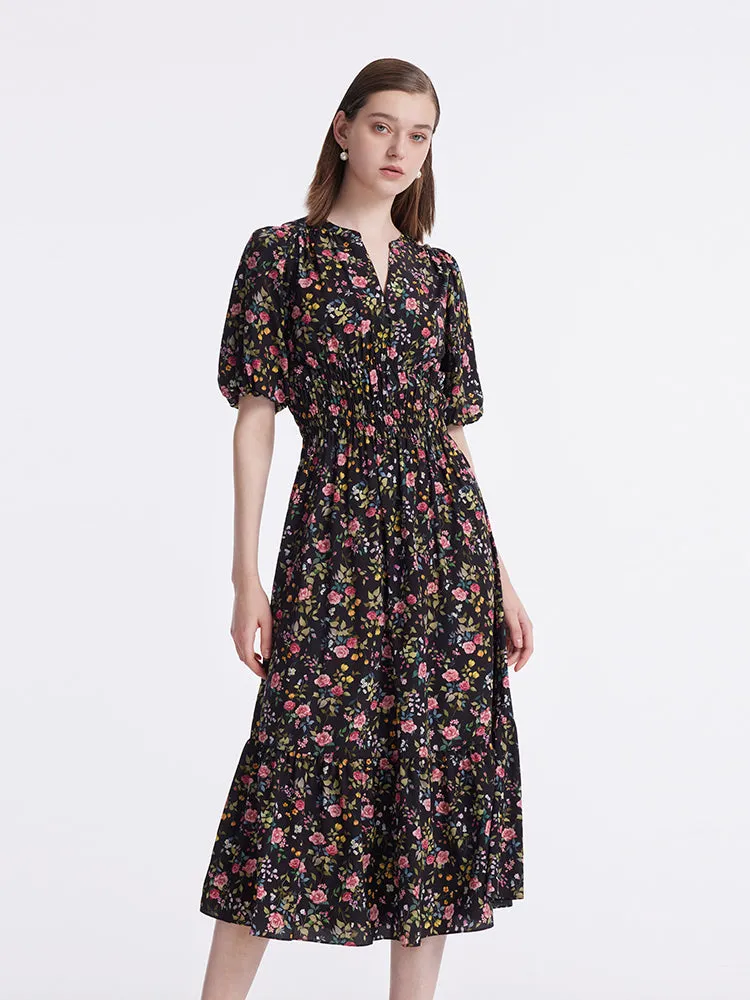 Mulberry Silk Rose Printed V-Neck Puff Sleeves Women Midi Dress