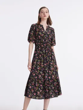 Mulberry Silk Rose Printed V-Neck Puff Sleeves Women Midi Dress