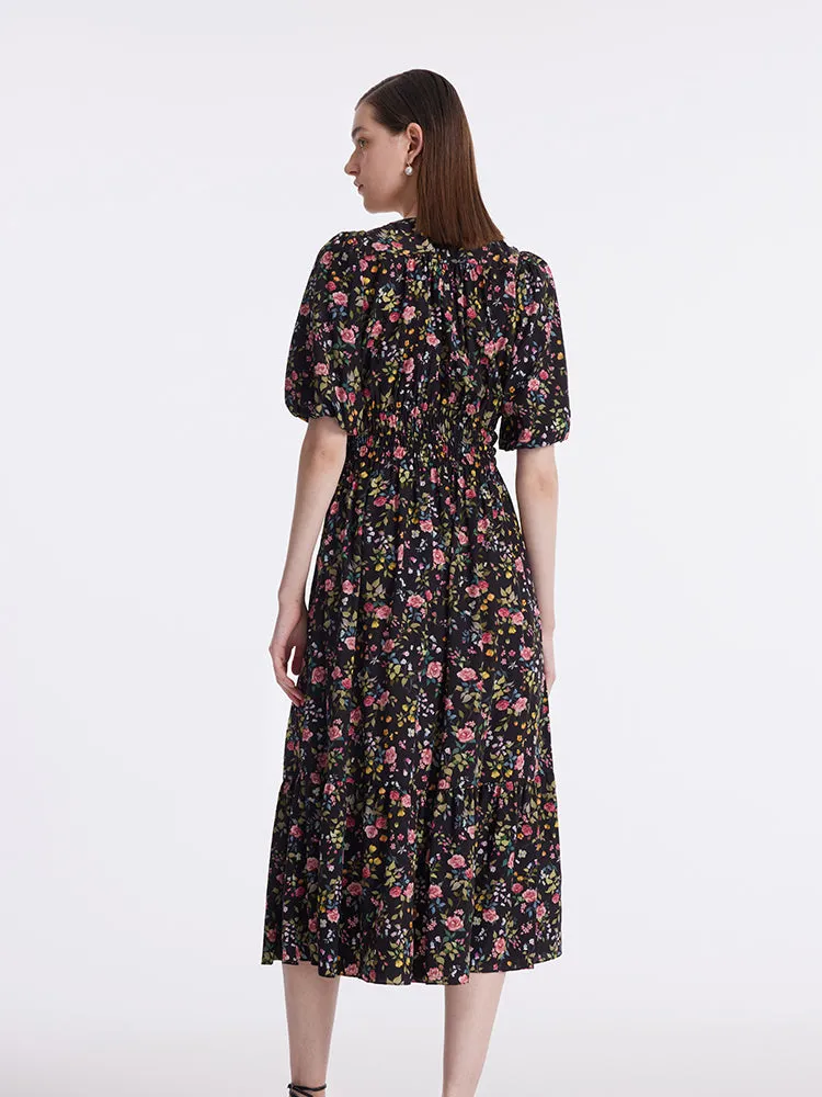 Mulberry Silk Rose Printed V-Neck Puff Sleeves Women Midi Dress