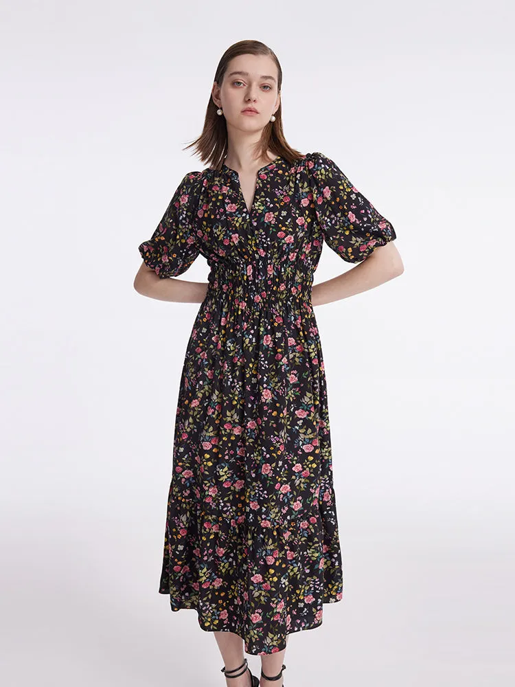 Mulberry Silk Rose Printed V-Neck Puff Sleeves Women Midi Dress