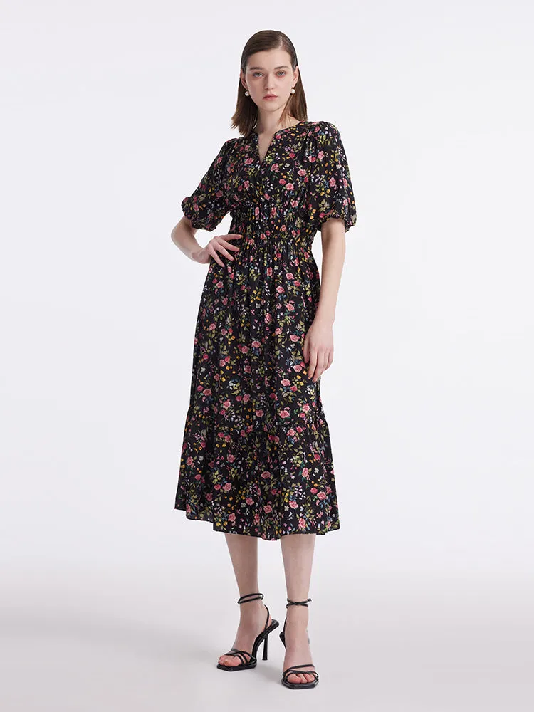 Mulberry Silk Rose Printed V-Neck Puff Sleeves Women Midi Dress