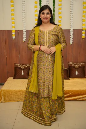 Mustard Olive Foiled Skirt Suit