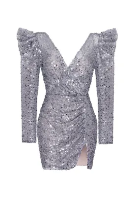 Silver metallic long-sleeve sequined mini dress