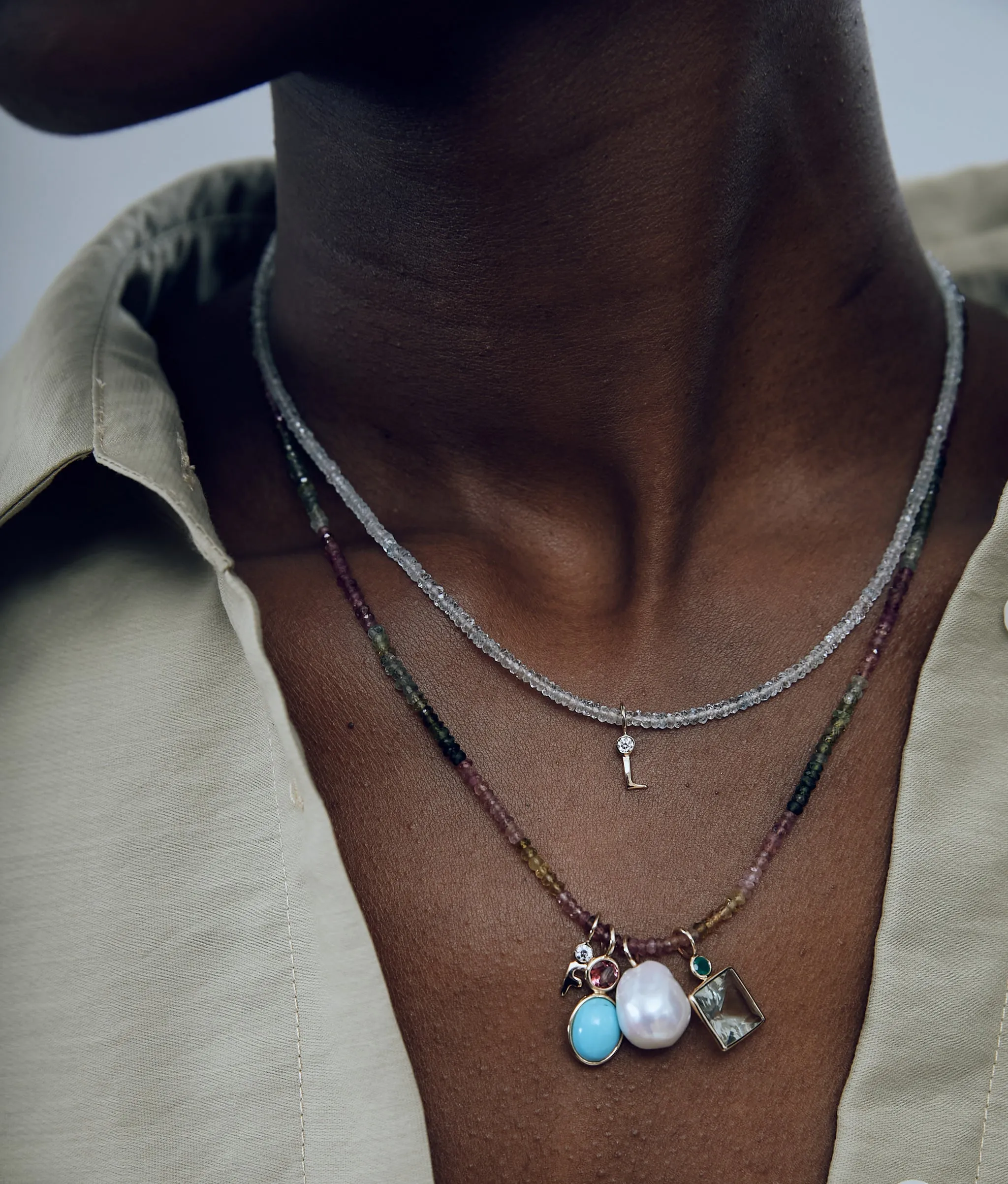 Tiny Beaded 14k Gold Necklace in Rainbow Tourmaline