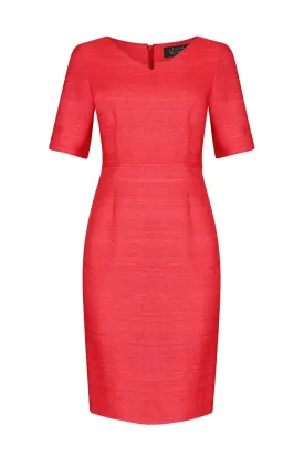 V-Neck Shift Dress with Short Sleeves in Scarlet-Red Raw Silk - Amelia