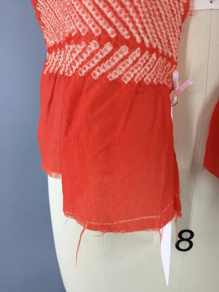 Vintage 1960s Silk Chiffon Kimono Obiage Scarf in Dark Orange-Red and White Shibori