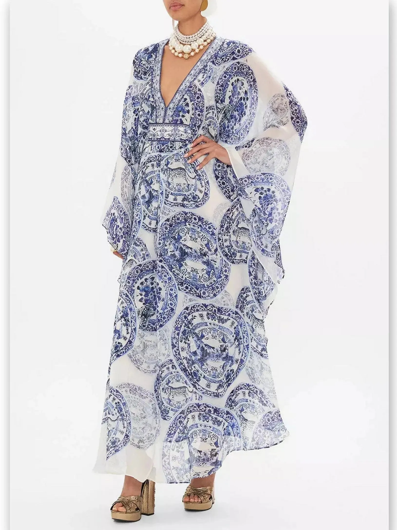 Women’s Blue and White Porcelain Print V-Neck Silk Kaftan Dress