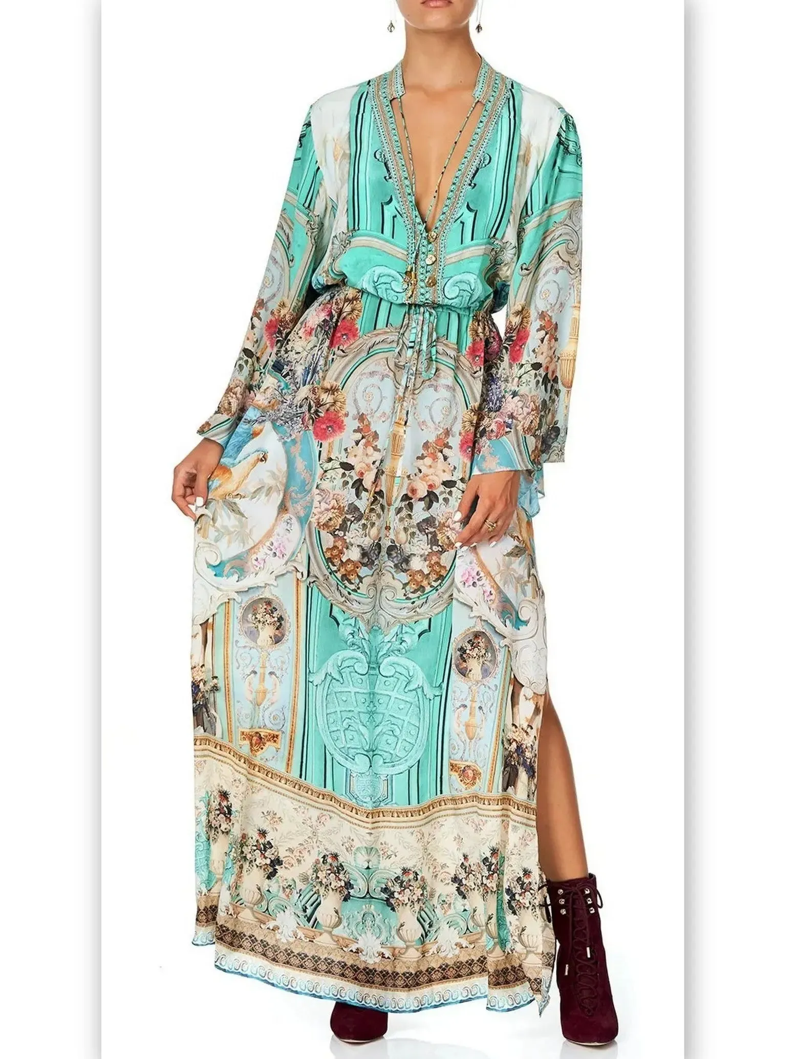 Women’s Button-Up Drawstring Celestial Print Silk Dress
