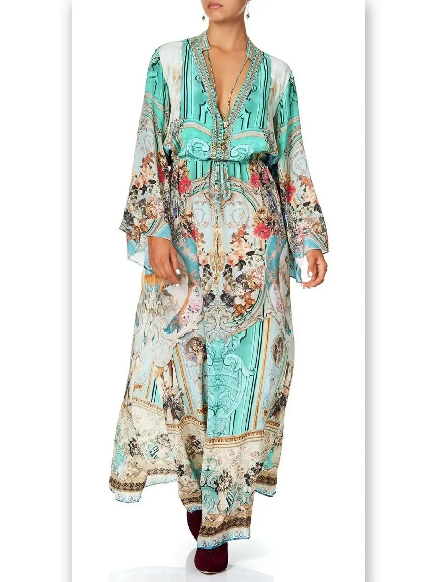 Women’s Button-Up Drawstring Celestial Print Silk Dress